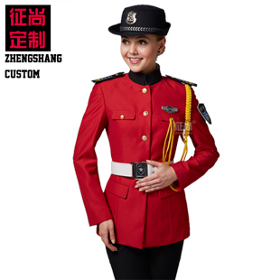 红色长袖女保安服秋装全套订做